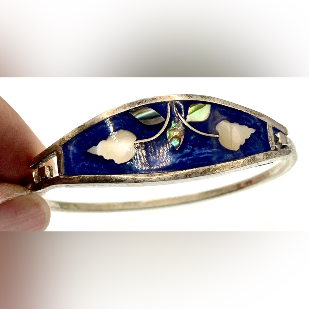 Vintage Signed Alpaca Mexico Silver Blue Enamel Inlaid Abalone MOP Bracelet - Picture 5 of 8